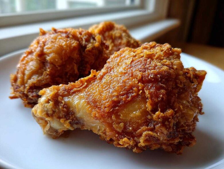 Close-up of two perfectly cooked Keto Crispy Baked Chicken Thighs with a crunchy, golden-brown exterior on a white plate.