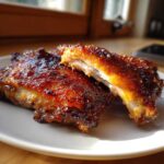 Close-up of two Keto Crispy Baked Chicken Thighs with a dark, caramelized, and shiny glaze on a white plate.
