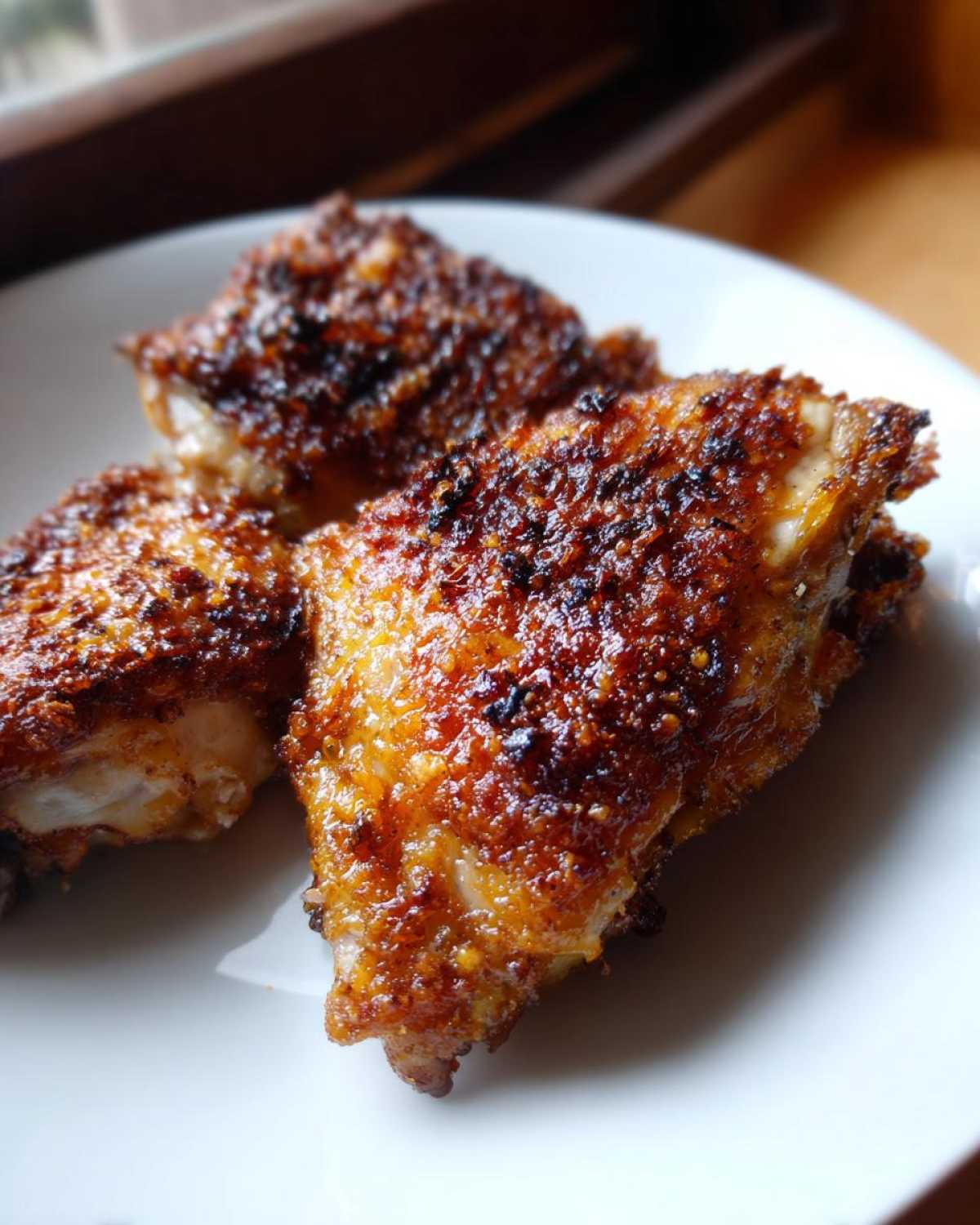 Close-up of three Keto Crispy Baked Chicken Thighs with highly seasoned, dark golden-brown skin.