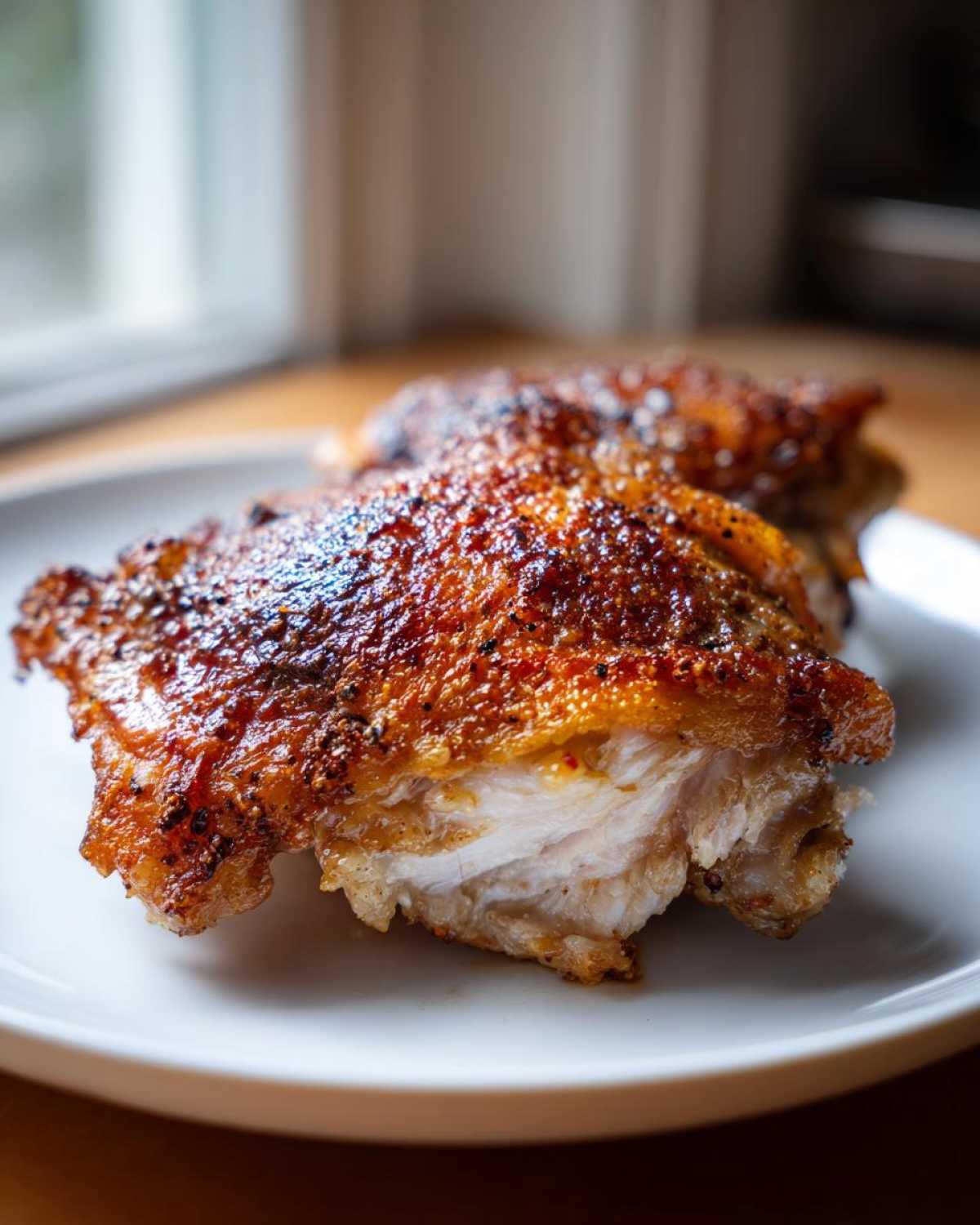 Close-up of perfectly cooked Keto Crispy Baked Chicken Thighs showing golden brown, seasoned, crispy skin.