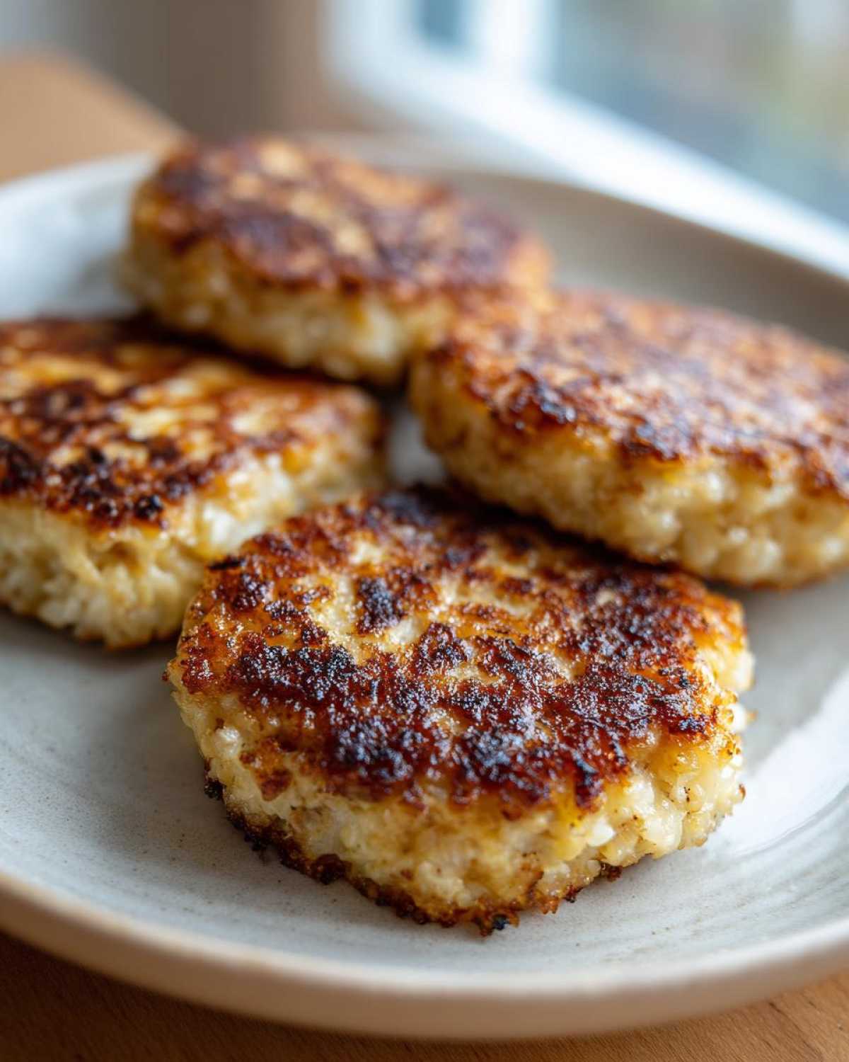 Four golden brown, pan-fried Keto Crispy Cauliflower Hash Browns stacked slightly on a light gray plate.