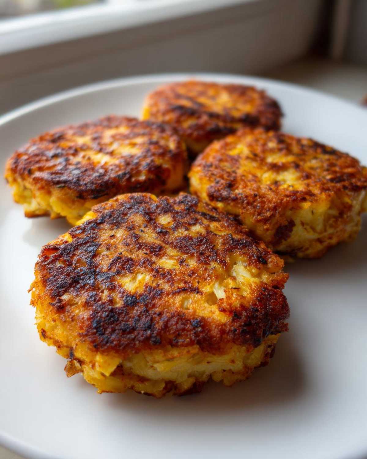 Four golden-brown, crispy Keto Crispy Cauliflower Hash Browns served on a white plate.