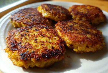 Five golden-brown, pan-fried Keto Crispy Cauliflower Hash Browns served on a light-colored plate.