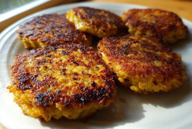 Five golden-brown, pan-fried Keto Crispy Cauliflower Hash Browns served on a light-colored plate.