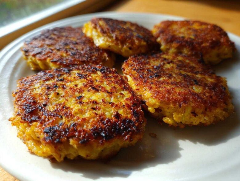 Five golden-brown, pan-fried Keto Crispy Cauliflower Hash Browns served on a light-colored plate.