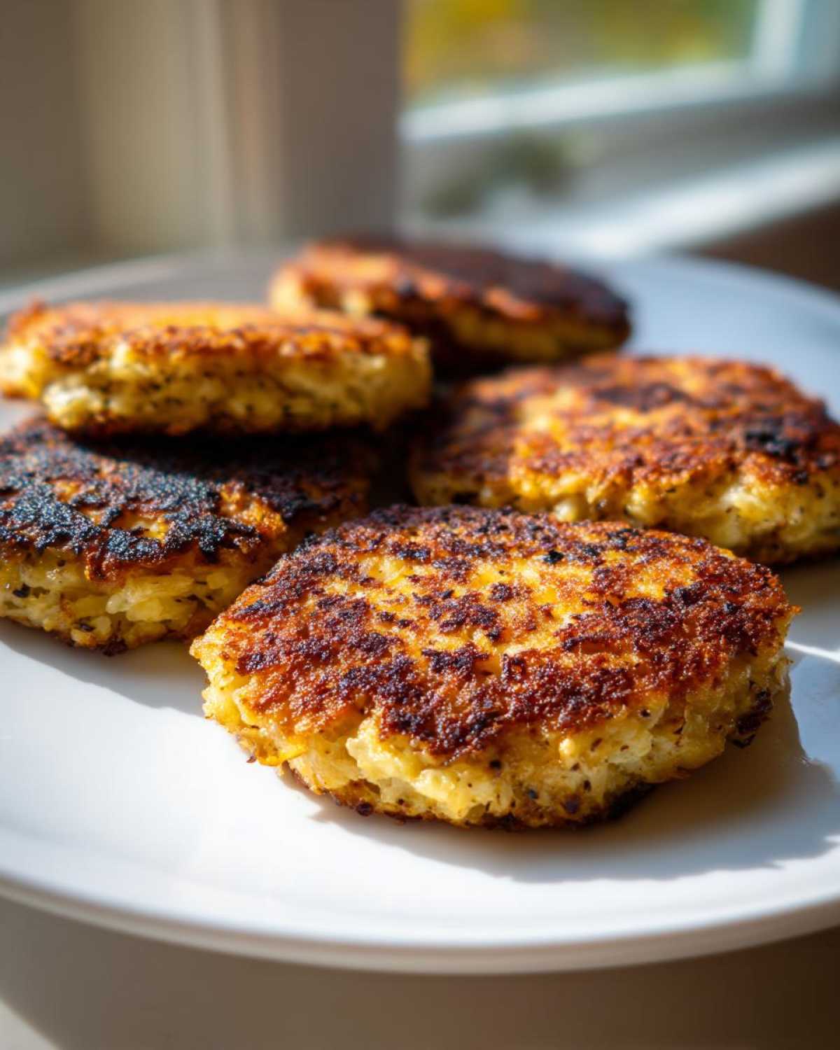 Close-up of several golden-brown Keto Crispy Cauliflower Hash Browns stacked on a white plate, showing a crispy, browned exterior.