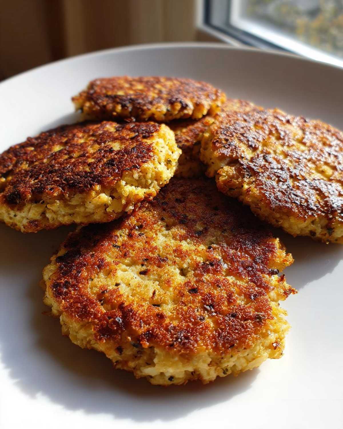 Close-up of golden-brown, pan-fried Keto Crispy Cauliflower Hash Browns stacked on a white plate.