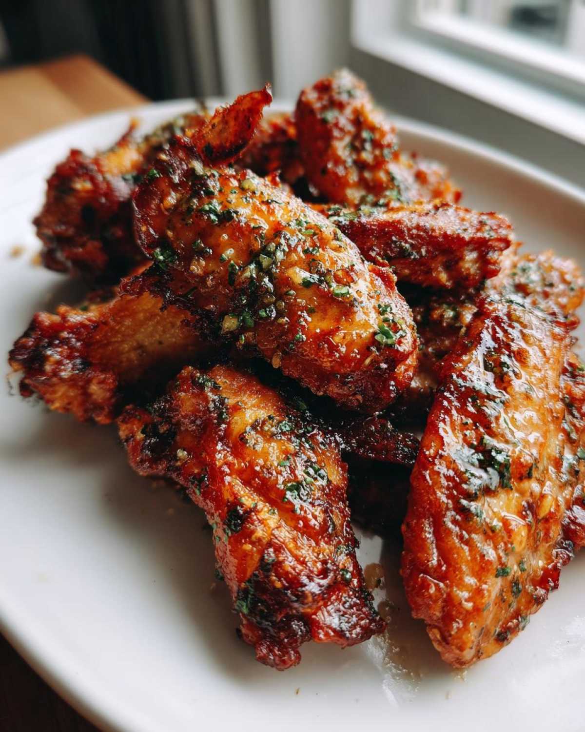 Close-up of glossy, crispy Keto Crispy Parmesan Chicken Wings sprinkled with green herbs on a white plate.