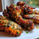 A pile of golden brown Keto Crispy Parmesan Chicken Wings coated in a glossy herb and garlic glaze.