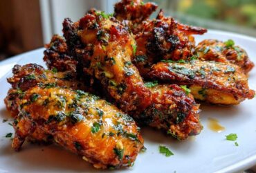 A pile of golden brown Keto Crispy Parmesan Chicken Wings coated in a glossy herb and garlic glaze.