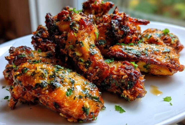 A pile of golden brown Keto Crispy Parmesan Chicken Wings coated in a glossy herb and garlic glaze.