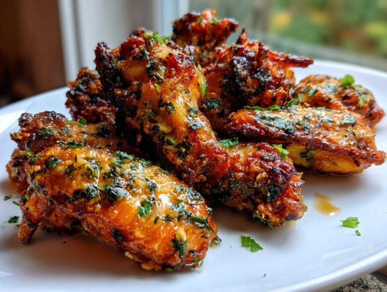A pile of golden brown Keto Crispy Parmesan Chicken Wings coated in a glossy herb and garlic glaze.