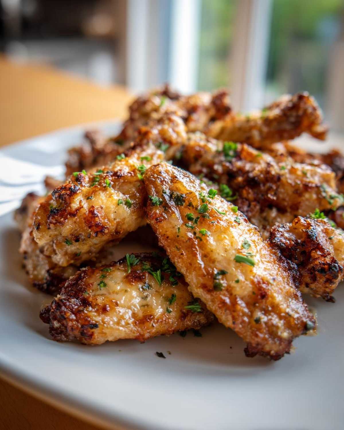 Close-up of golden brown, crispy Keto Crispy Parmesan Chicken Wings garnished with fresh parsley on a white plate.