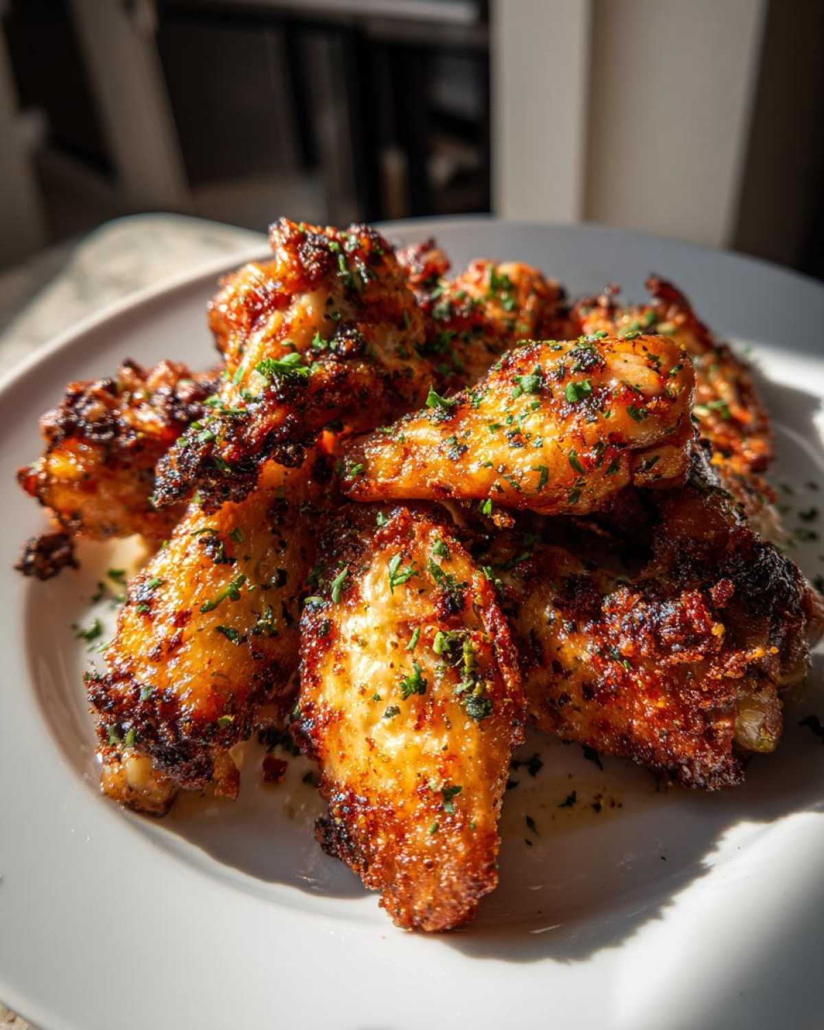 A pile of golden brown, crispy Keto Crispy Parmesan Chicken Wings garnished with chopped parsley on a white plate.