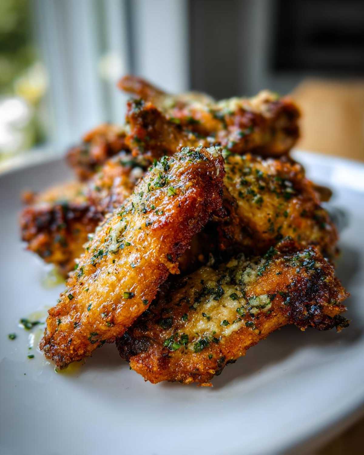A close-up of golden brown, crispy Keto Crispy Parmesan Chicken Wings piled high on a white plate, sprinkled with herbs.