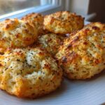 Five golden-brown Keto Everything Bagel Cloud Bread bites sprinkled with seeds, served on a white plate.