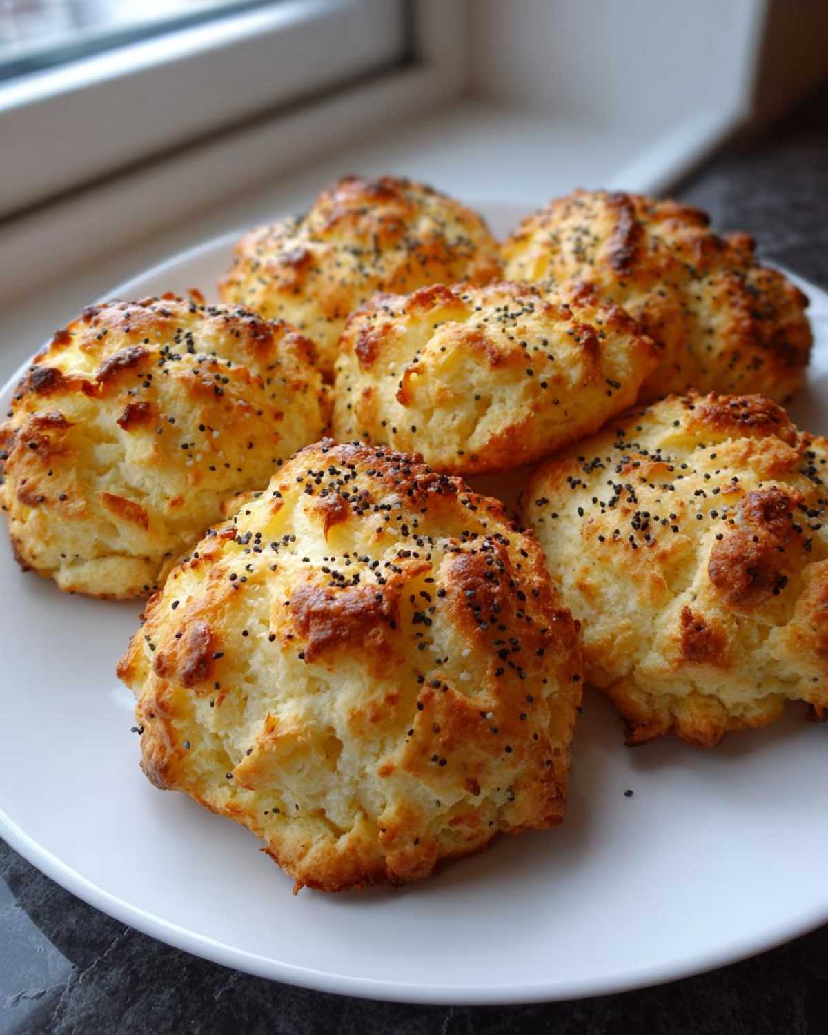Six golden brown Keto Everything Bagel Cloud Bread Bites topped with poppy seeds served on a white plate.