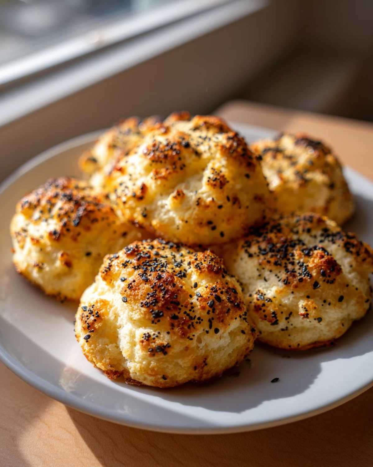 A plate of golden brown Keto Everything Bagel Cloud Bread bites topped generously with black poppy seeds.