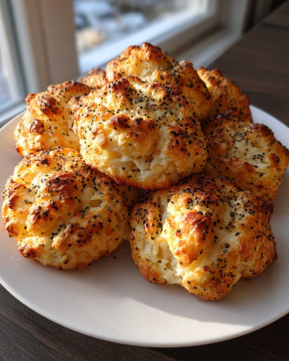A pile of golden brown Keto Everything Bagel Cloud Bread bites sprinkled with poppy seeds on a white plate.