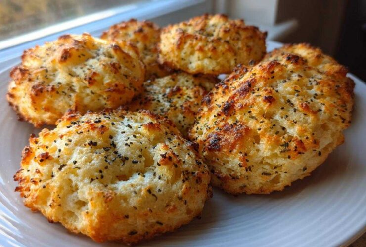 Five golden-brown Keto Everything Bagel Cloud Bread bites sprinkled with seeds, served on a white plate.