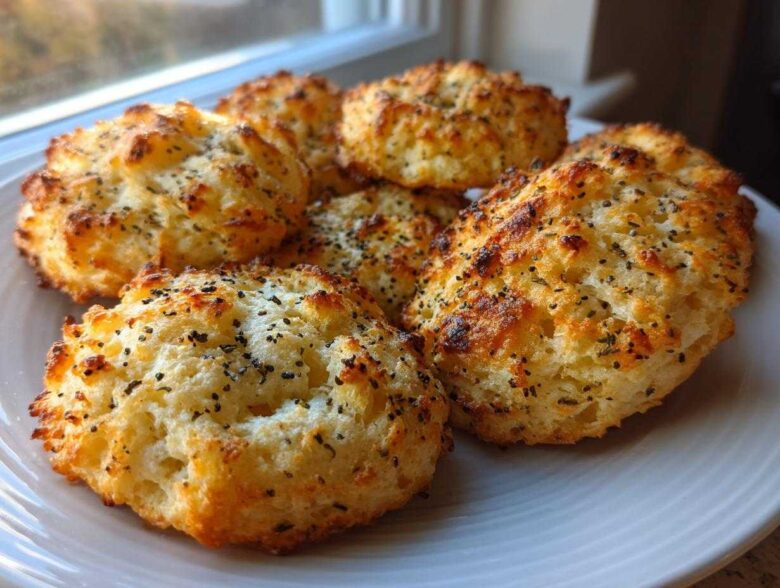 Five golden-brown Keto Everything Bagel Cloud Bread bites sprinkled with seeds, served on a white plate.