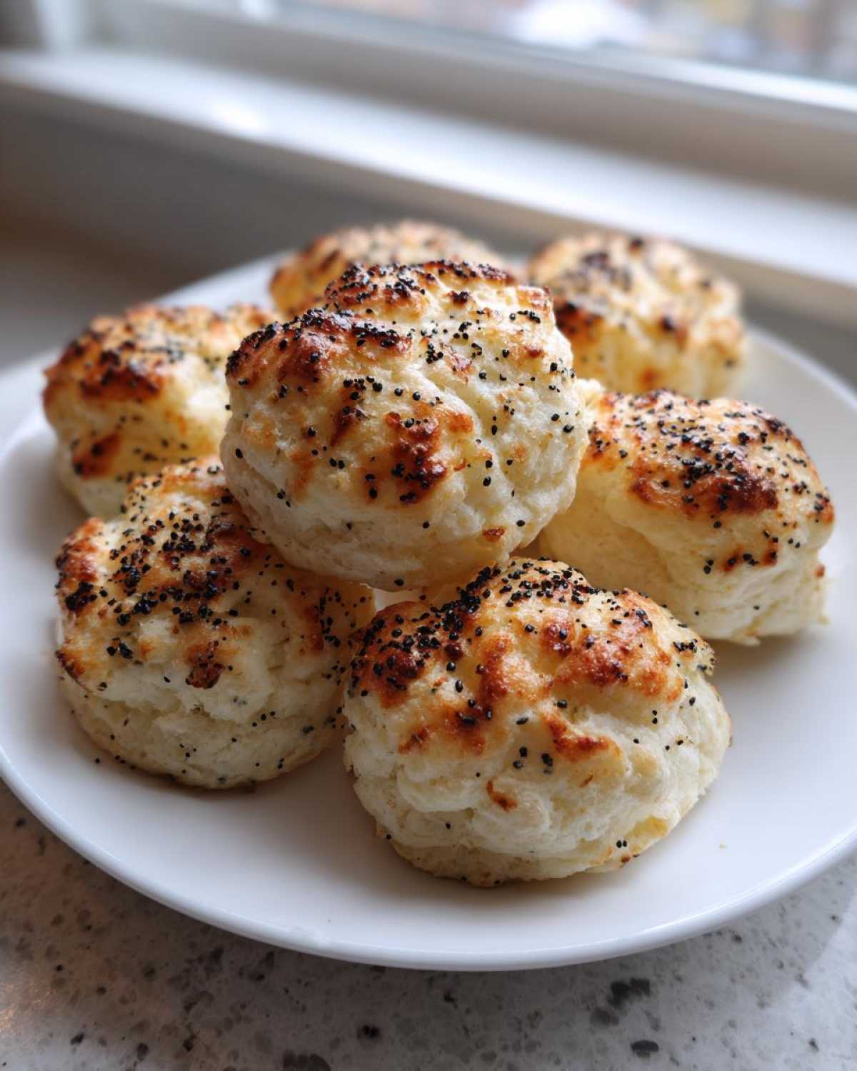 A stack of fluffy Keto Everything Bagel Cloud Bread bites topped with poppy seeds, served on a white plate.