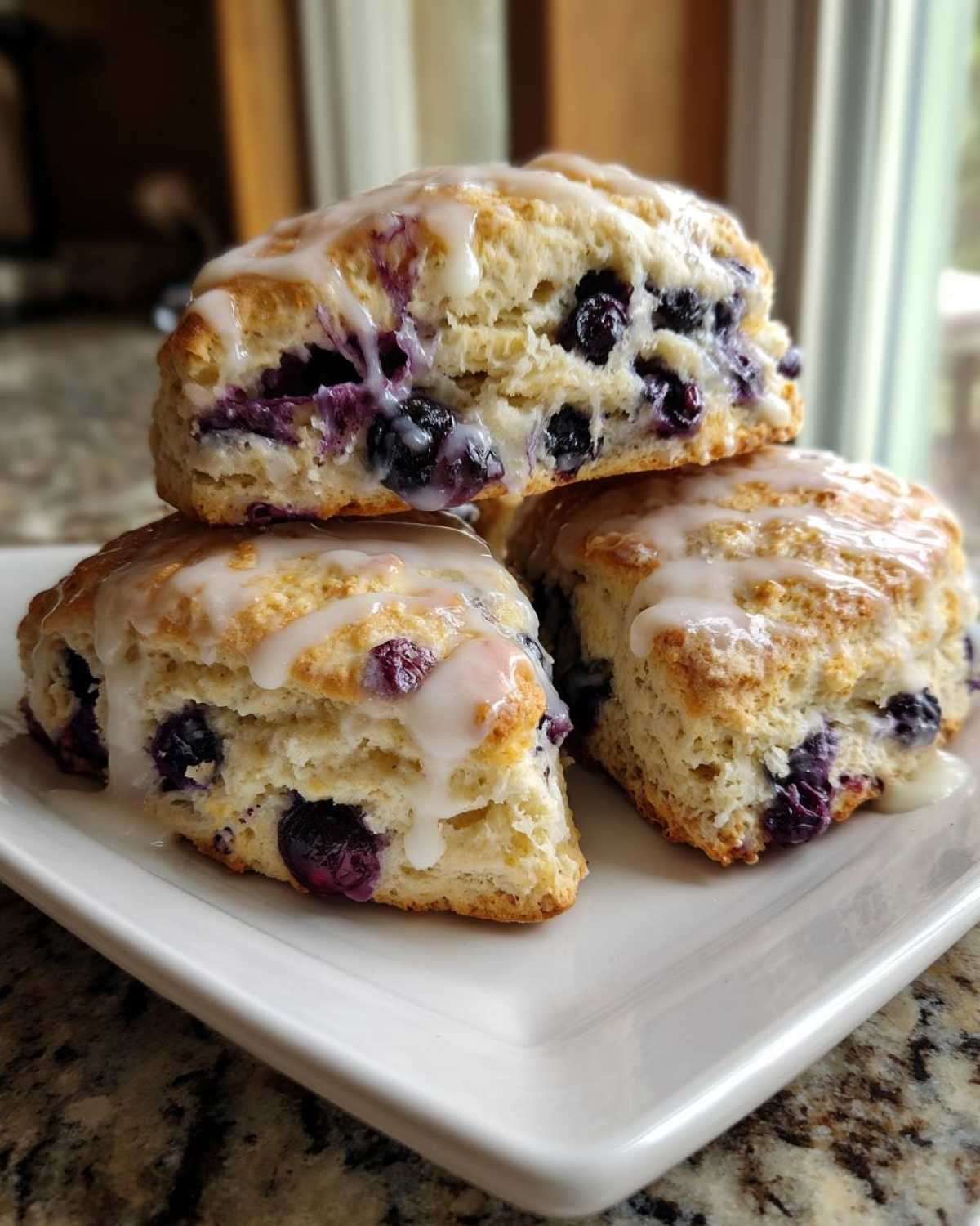 Three freshly baked Lemon Blueberry Scones stacked on a white plate, drizzled with a sweet white glaze.