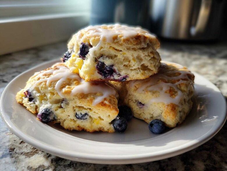 Three fluffy Lemon Blueberry Scones stacked on a white plate, drizzled with white glaze and garnished with fresh blueberries.