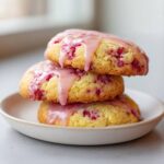 Three delicious Lemon Raspberry Cookies stacked on a small white plate, topped with a pink raspberry glaze.
