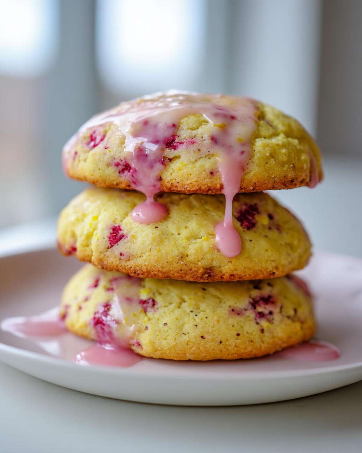 Three stacked Lemon Raspberry Cookies drizzled with a thick, pink raspberry glaze.