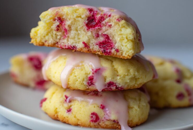 A stack of three soft Lemon Raspberry Cookies topped with a dripping pink glaze, one cookie broken open to show the interior.