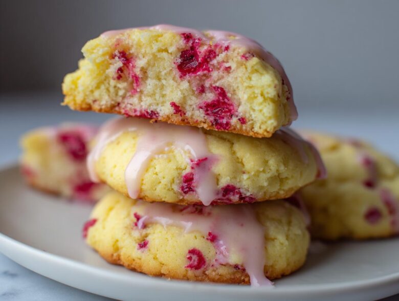A stack of three soft Lemon Raspberry Cookies topped with a dripping pink glaze, one cookie broken open to show the interior.