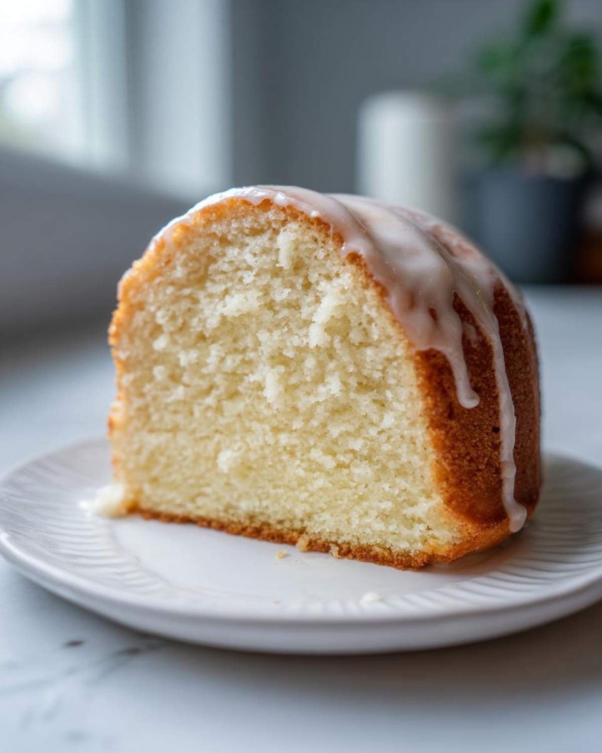 Close-up of a slice of moist London Fog Cake with a light vanilla glaze drizzled over the top.