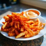 A pile of crispy, seasoned Louisiana Voodoo Fries dusted heavily with red spice mix, served with a side of dipping sauce.
