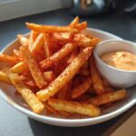 A close-up of a white bowl filled with golden Louisiana Voodoo Fries heavily seasoned with red spice, next to a small ramekin of orange dipping sauce.