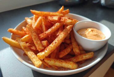 A close-up of a white bowl filled with golden Louisiana Voodoo Fries heavily seasoned with red spice, next to a small ramekin of orange dipping sauce.