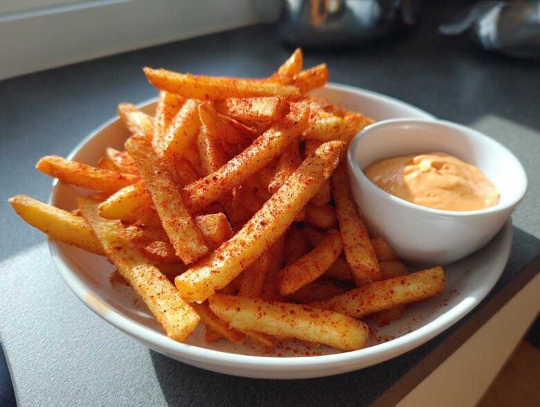 A close-up of a white bowl filled with golden Louisiana Voodoo Fries heavily seasoned with red spice, next to a small ramekin of orange dipping sauce.