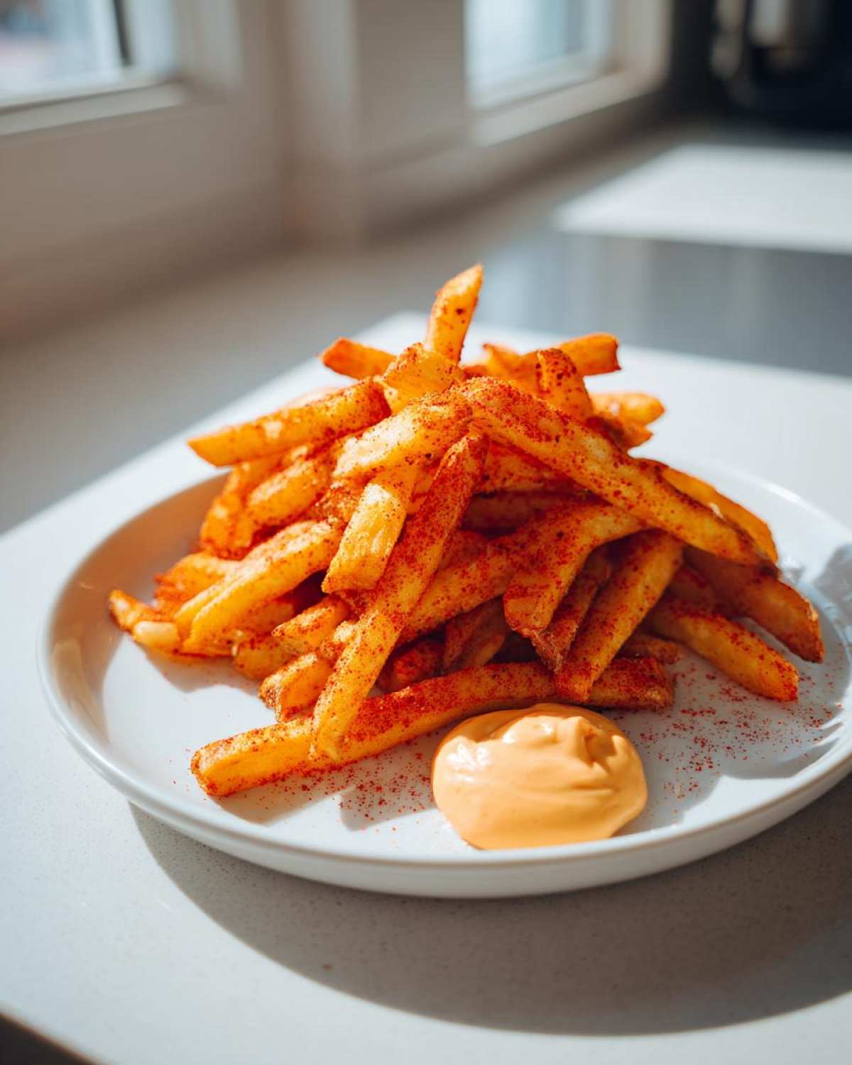 A pile of golden, seasoned Louisiana Voodoo Fries dusted heavily with red spice, served on a white plate with a dollop of orange dipping sauce.