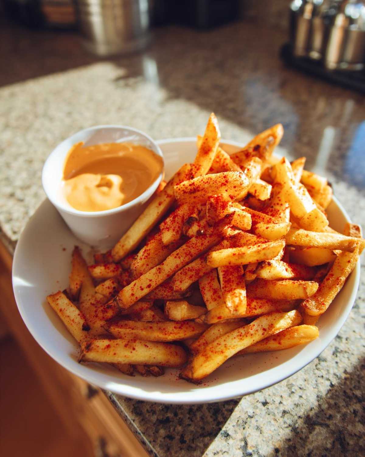 A bowl of golden, seasoned Louisiana Voodoo Fries dusted heavily with red spice, served with a side of orange dipping sauce.