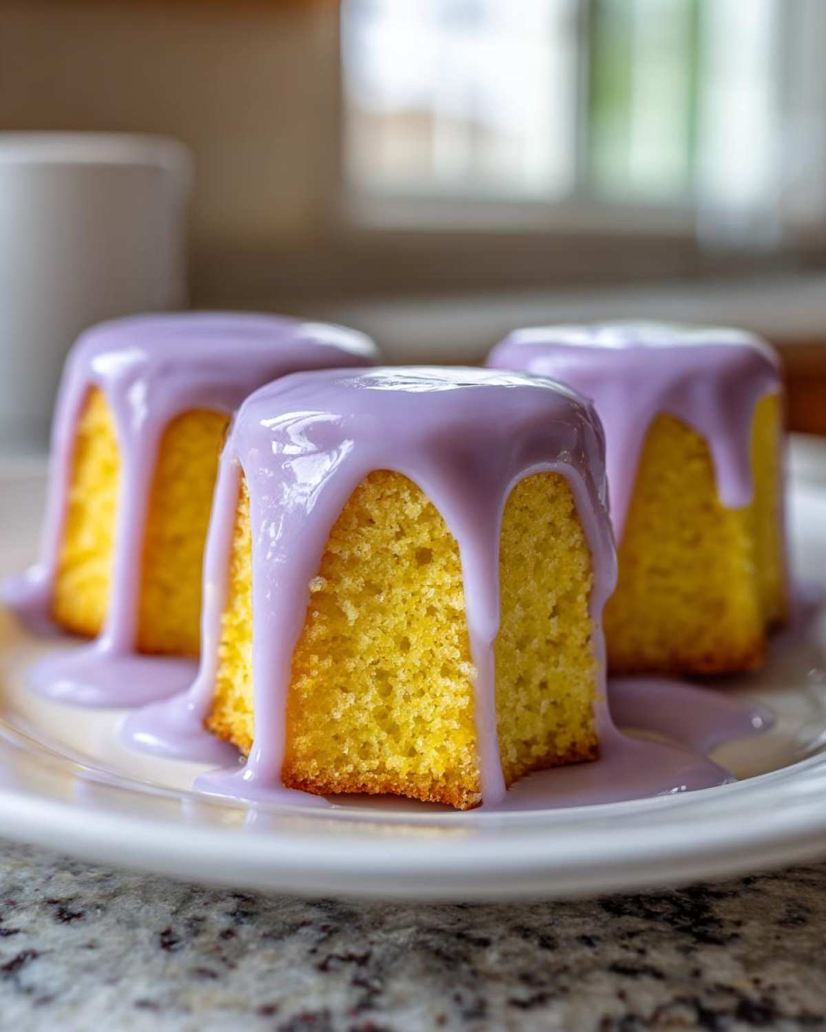 Close-up of three bright yellow Mini Lemon Cakes with Lavender Glaze dripping down the sides onto a white plate.