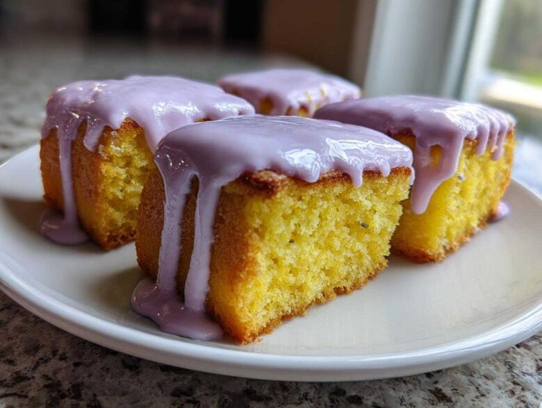 Four square Mini Lemon Cakes with Lavender Glaze stacked on a white plate, showing the moist yellow crumb.