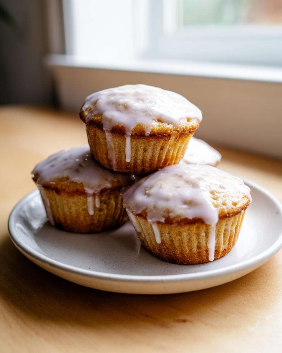 A stack of three Mini Lemon Cakes Lavender Glaze topped with dripping glaze, resting on a small white plate.
