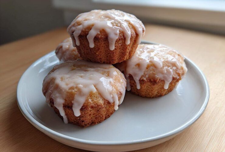 Four golden Mini Lemon Cakes Lavender Glaze stacked slightly on a light gray plate.