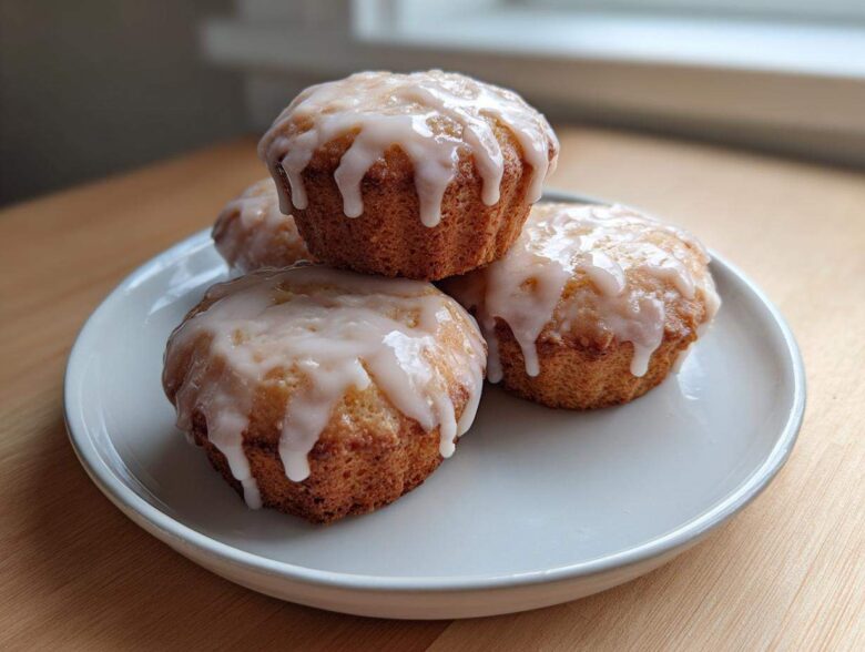 Four golden Mini Lemon Cakes Lavender Glaze stacked slightly on a light gray plate.