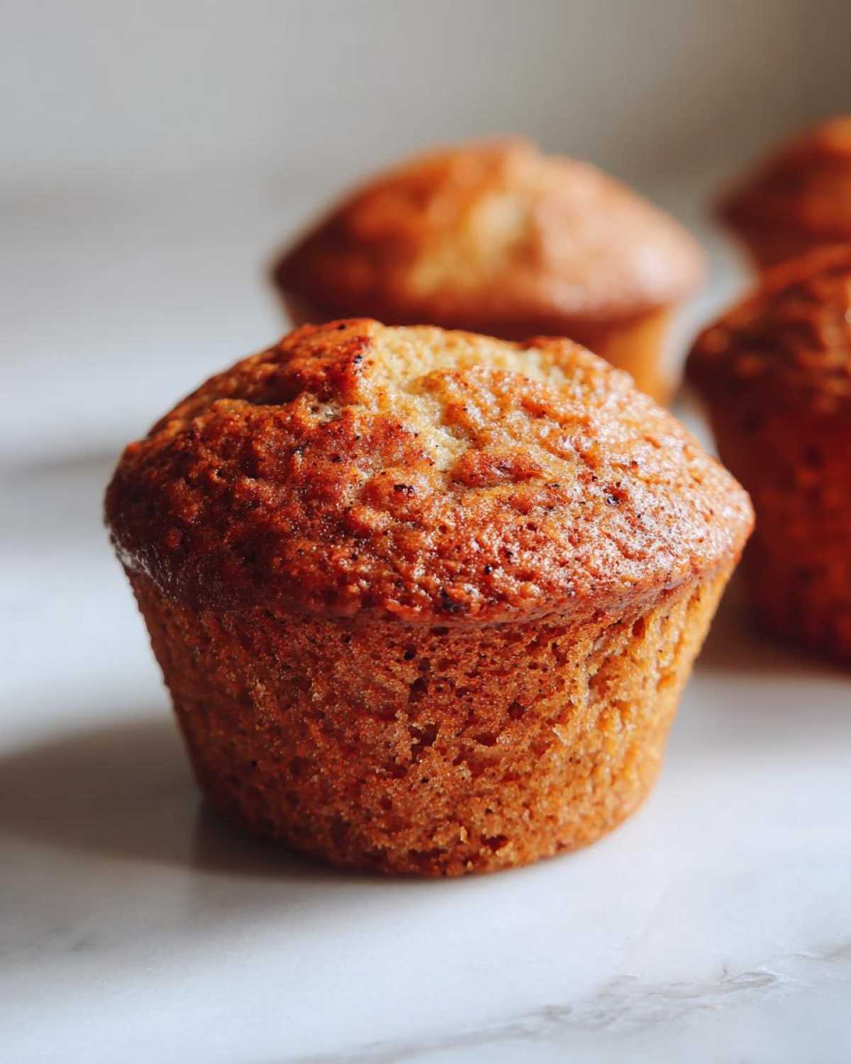 Close-up of a perfectly baked, golden-brown Apple Cinnamon Muffin sitting on a white marble surface.