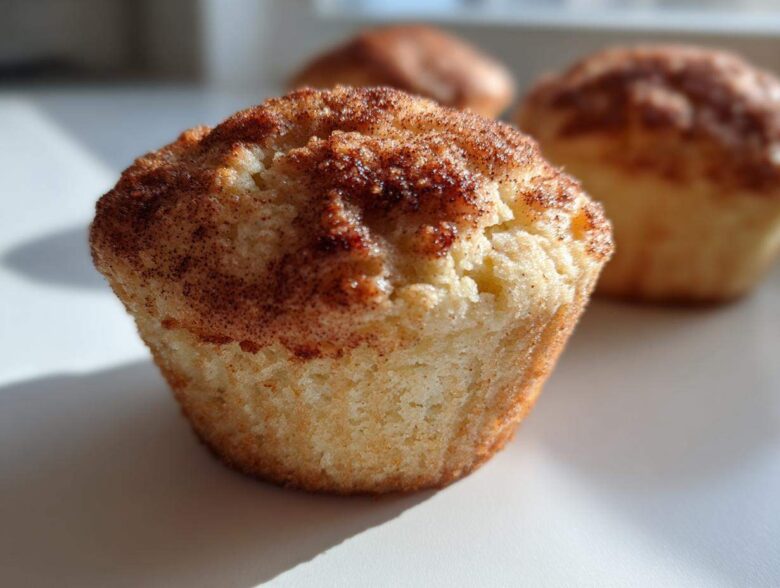 Close-up of a moist Apple Cinnamon Muffin featuring a rich cinnamon sugar crust.
