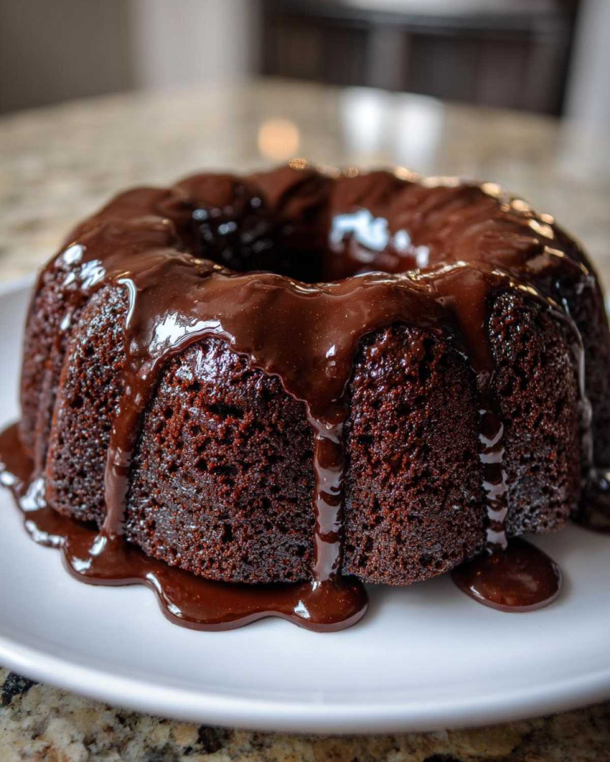 A rich, dark Chocolate Bundt Cake generously topped with dripping chocolate glaze.