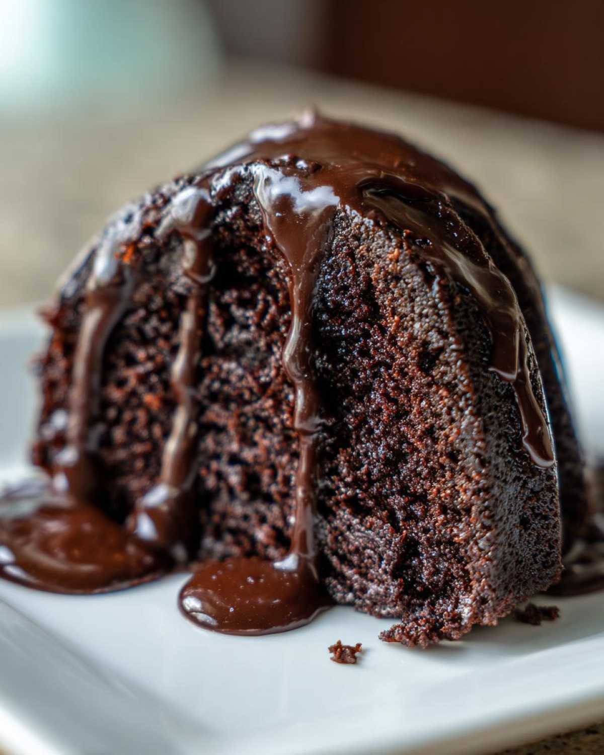Close-up of a rich, moist slice of Chocolate Bundt Cake dripping with thick chocolate glaze.
