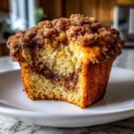 Close-up of a moist Coffee Cake Muffins half, showing the swirl of cinnamon filling and thick streusel topping.