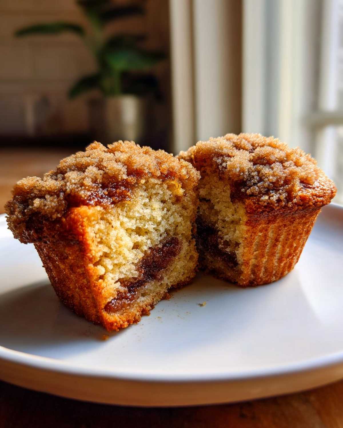 Close-up of a moist Coffee Cake Muffins cut in half, showing the cinnamon swirl filling and crumb topping.